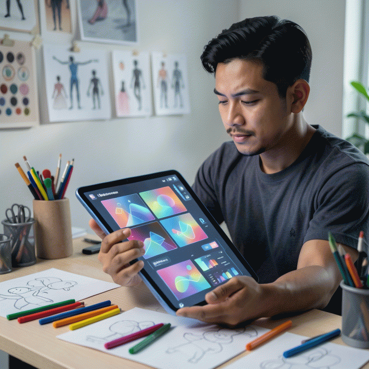 Seorang content creator profesional di ruang kerja modern yang menggunakan tablet AI untuk menghasilkan desain thumbnail yang konsisten dan cepat.