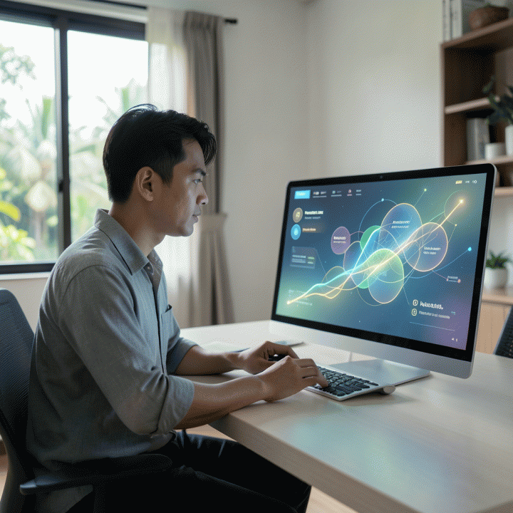 Ilustrasi seorang profesional muda yang sedang meninjau dasbor digital keuangan yang kompleks, menunjukkan visualisasi utang yang terorganisir dan menuju stabilitas finansial.