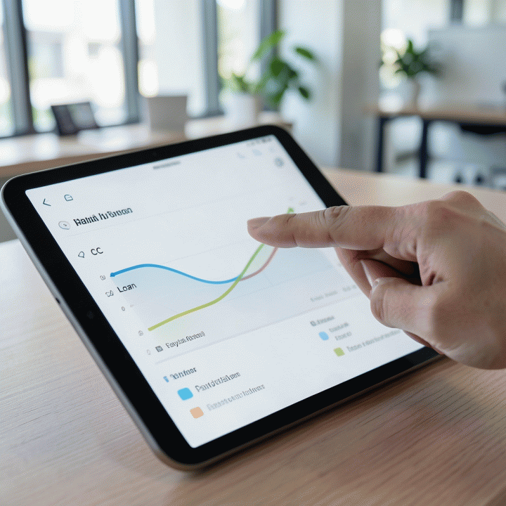 Tampilan close-up dasbor digital di tablet yang menunjukkan konsolidasi dan pengurangan utang dari berbagai sumber ke dalam satu grafik kemajuan yang terukur.