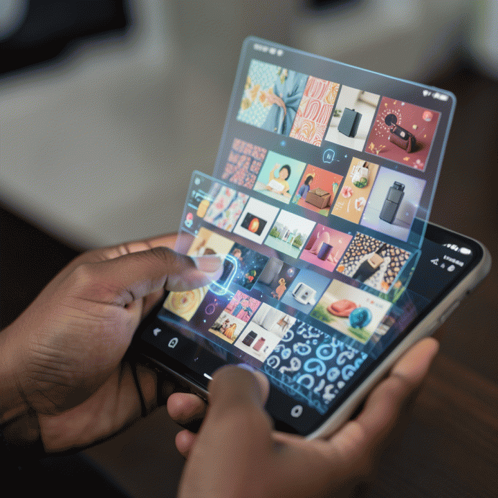 Tangan content creator berinteraksi dengan proyeksi holografik yang menampilkan berbagai aset visual berkualitas tinggi, menunjukkan kemudahan pembuatan konten menggunakan AI.