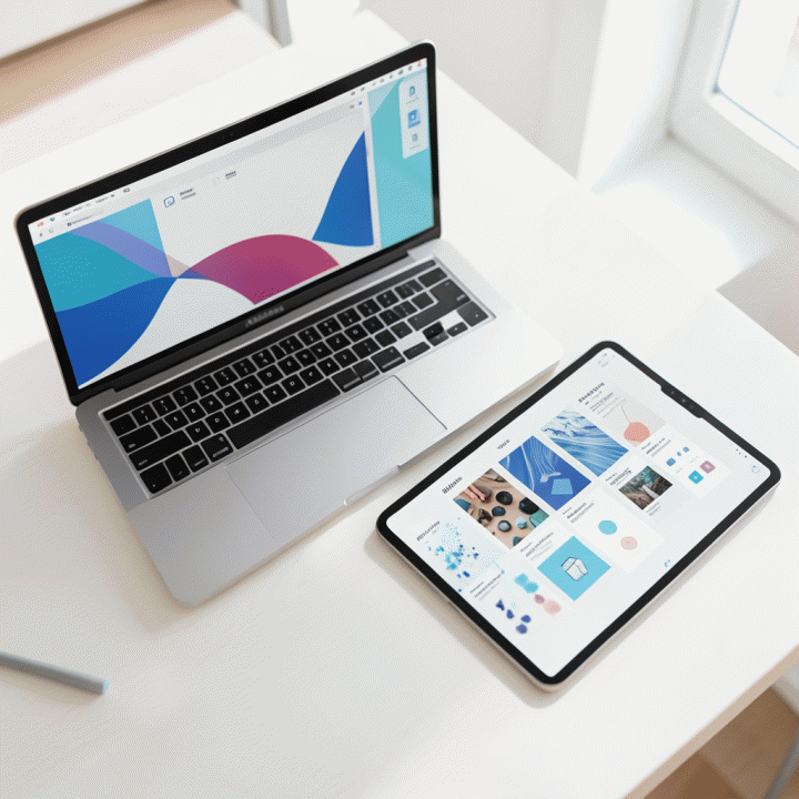 Meja kerja digital yang modern dan rapi, menampilkan antarmuka AI yang menunjukkan manajemen aset visual yang terorganisir dan mudah diakses.