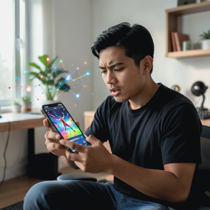 Seorang content creator muda Indonesia di studio rumah yang modern, terlihat bersemangat dan fokus menggunakan smartphone, dikelilingi visualisasi data dan energi global yang menunjukkan ide konten viral.