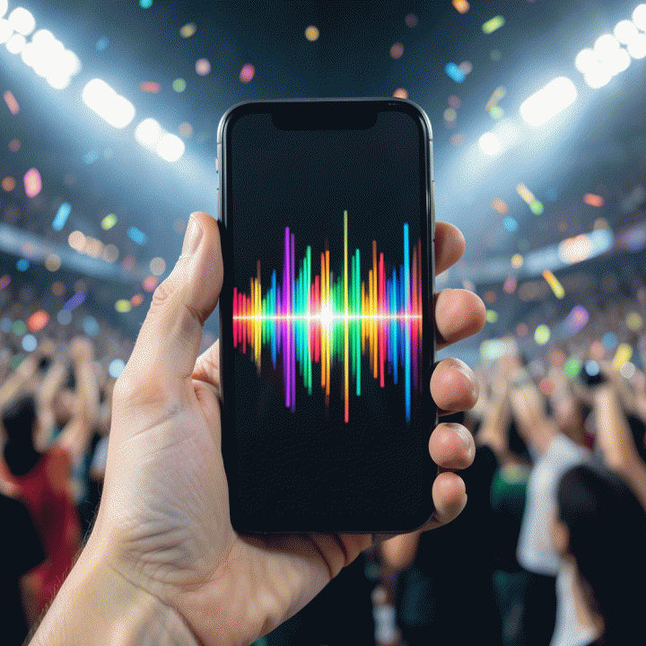 Tangan memegang smartphone dengan fokus pada visualisasi gelombang suara atau musik, melambangkan penggunaan soundtrack dalam konten digital.