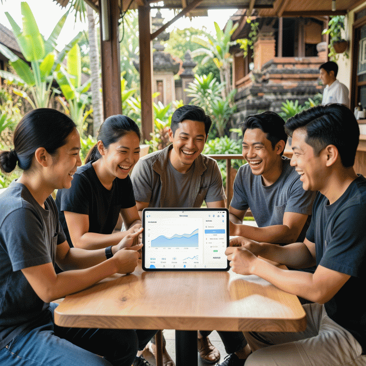 Grup wisatawan muda Indonesia yang bahagia dan produktif, berkumpul di kafe modern sambil menggunakan tablet untuk membagi dan melacak anggaran perjalanan mereka.