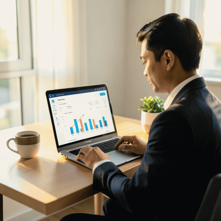 Seorang profesional Indonesia yang fokus menatap laptop berisi spreadsheet pelacak utang yang bersih dan terstruktur, melambangkan kontrol finansial dan menuju kebebasan utang.