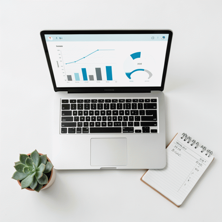 Tampilan atas meja kerja yang rapi dengan laptop dashboard keuangan dan alat tulis, melambangkan perencanaan dan manajemen utang yang terstruktur.