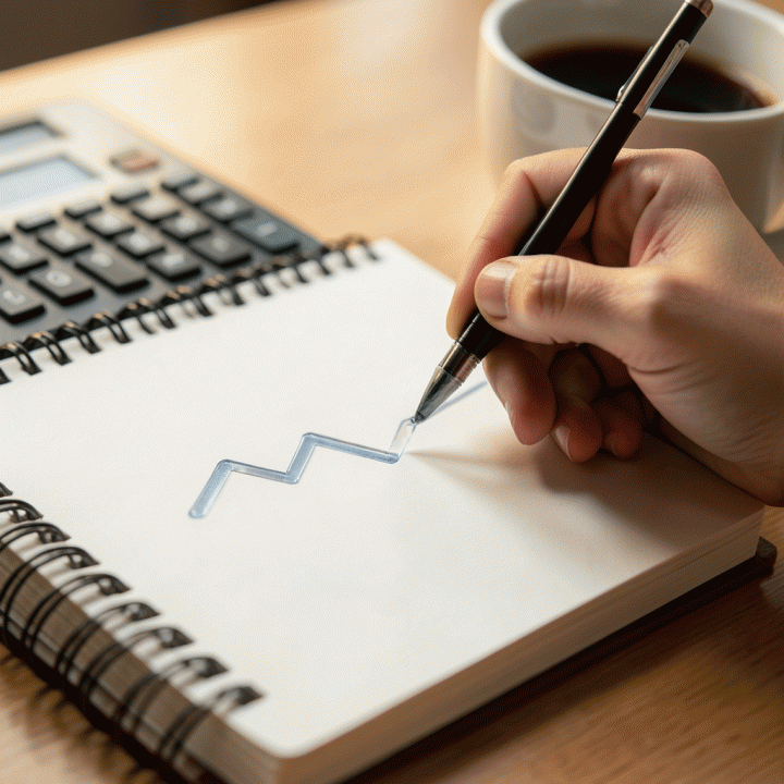 Tangan sedang membuat grafik peningkatan pelunasan utang di buku catatan, menunjukkan kemajuan finansial yang positif.