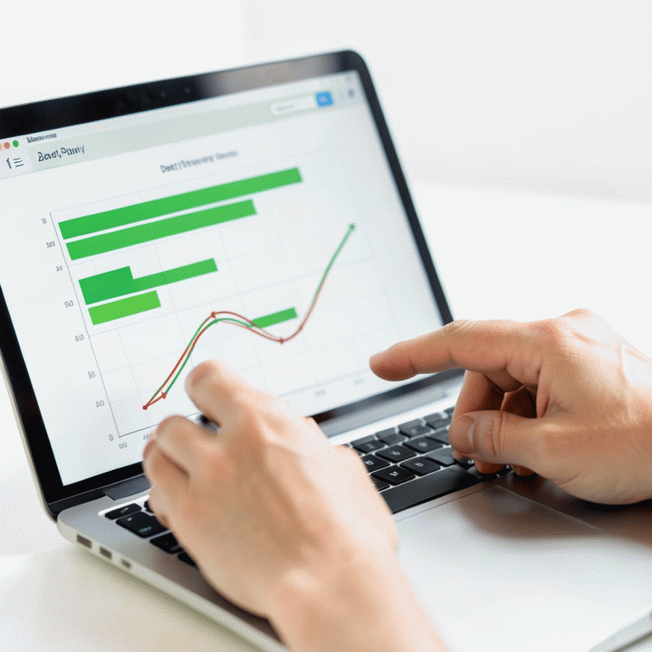 Tangan yang sedang berinteraksi dengan spreadsheet keuangan di laptop, menampilkan visualisasi kemajuan pelunasan utang.