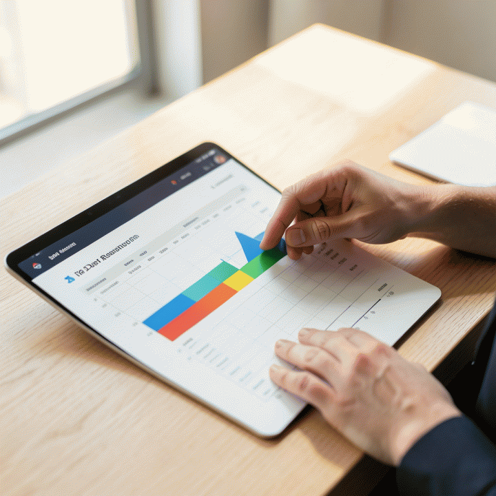 Tangan sedang menempatkan visualisasi kemajuan pelunasan utang (grafik progres) ke dalam spreadsheet digital yang rapi di meja kayu, melambangkan kontrol finansial.