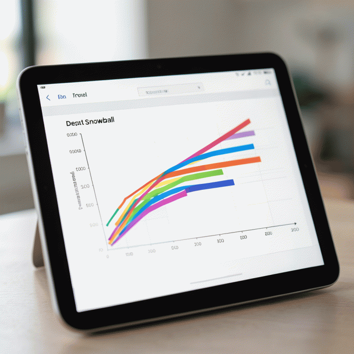 Visualisasi grafis utang yang menunjukkan progres pelunasan utang secara bertahap pada layar tablet digital.