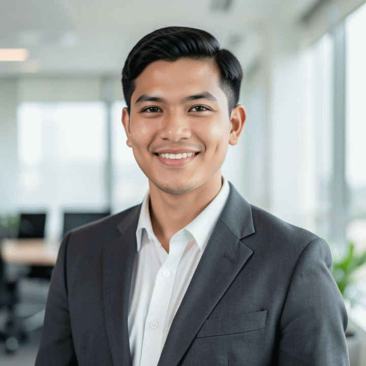 Foto profil profesional seorang profesional muda Indonesia dengan pencahayaan sinematik dan latar belakang kantor yang bersih.