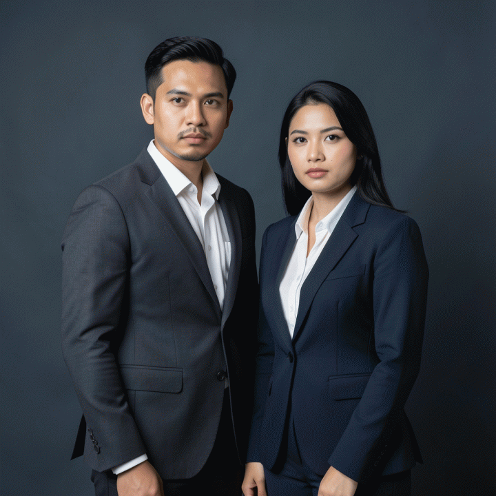 Dua profesional Indonesia berpakaian formal berpose di latar belakang studio yang netral, melambangkan foto dokumen resmi dan profesional.