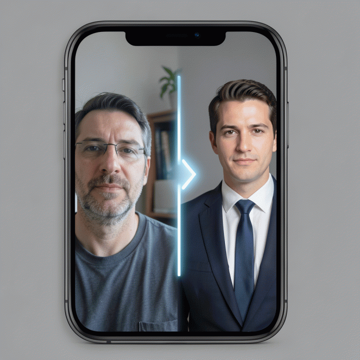 Perbandingan visual antara foto selfie kasual dan foto profil profesional yang memenuhi standar dokumen resmi.