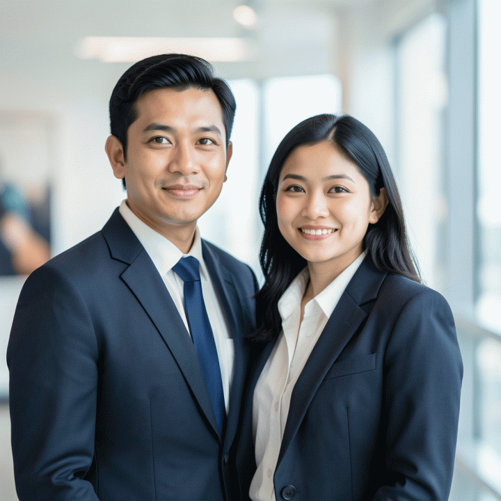 Foto profil profesional yang menampilkan pria dan wanita Indonesia berpenampilan formal dan percaya diri di lingkungan korporat modern.