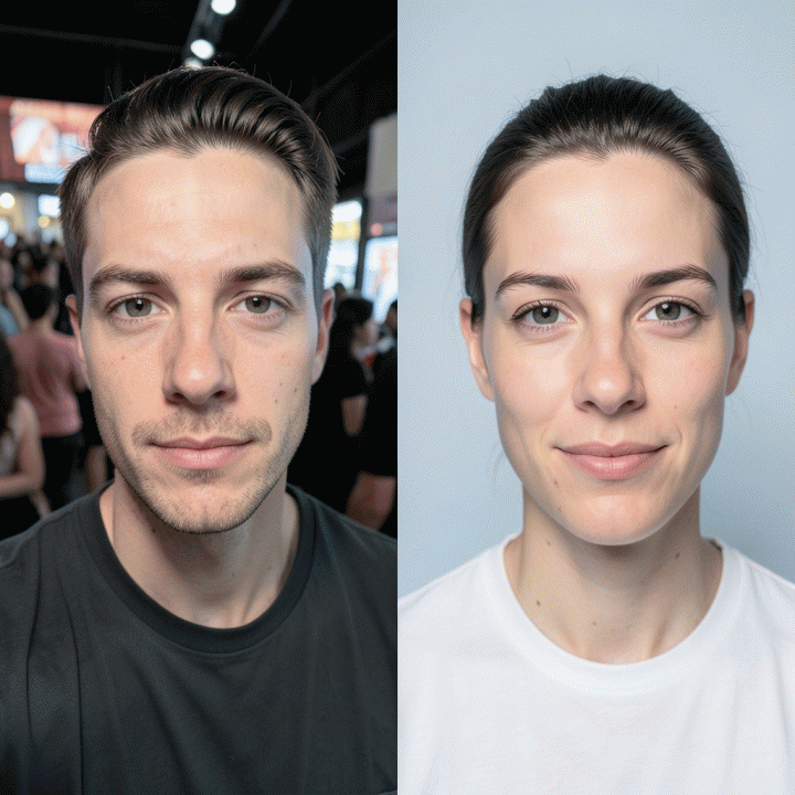 Perbandingan visual antara foto selfie amatir dengan foto profil profesional berkualitas studio.