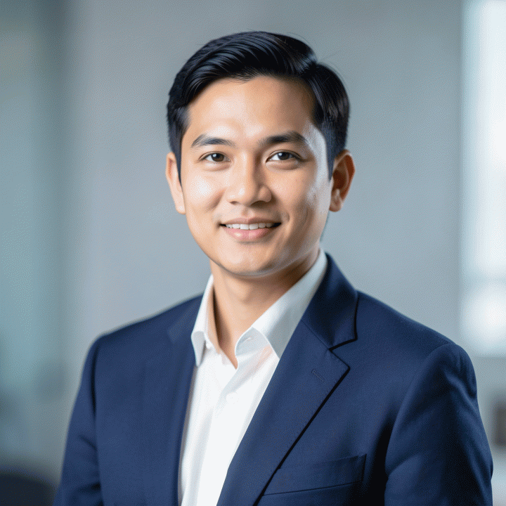 Foto profil profesional seorang profesional Indonesia modern dengan pakaian bisnis, berlatar belakang studio yang lembut dan netral.