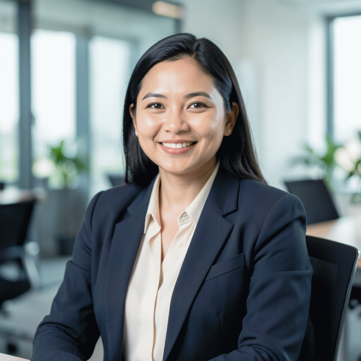 Foto potret profesional sinematik dari seorang profesional muda Indonesia yang tampak percaya diri dan hangat, berlatar kantor modern yang blur, merepresentasikan foto profil LinkedIn yang ideal.