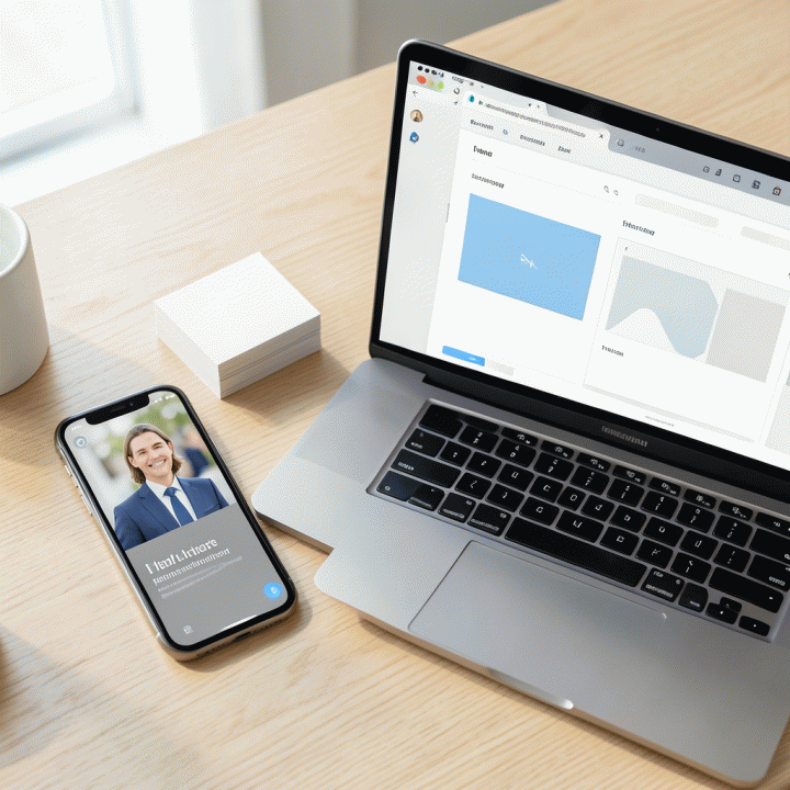Komposisi flat lay modern yang menampilkan persiapan branding profesional, termasuk mockup foto profil digital di ponsel dan kartu nama yang rapi.