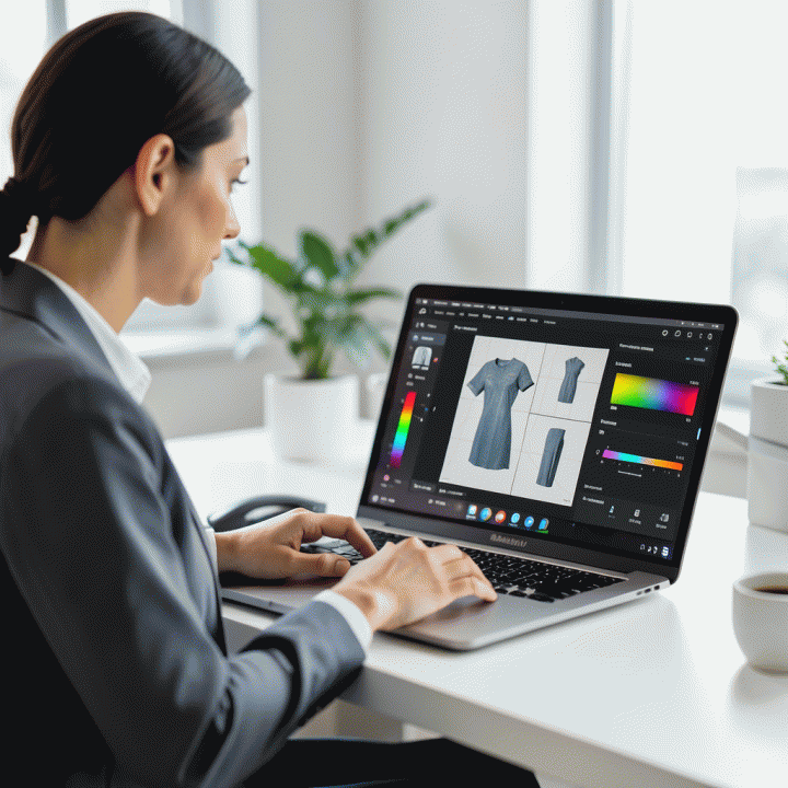 Ilustrasi profesional seorang desainer grafis yang menggunakan alat AI untuk mengoptimalkan foto produk di ruang kerja modern.