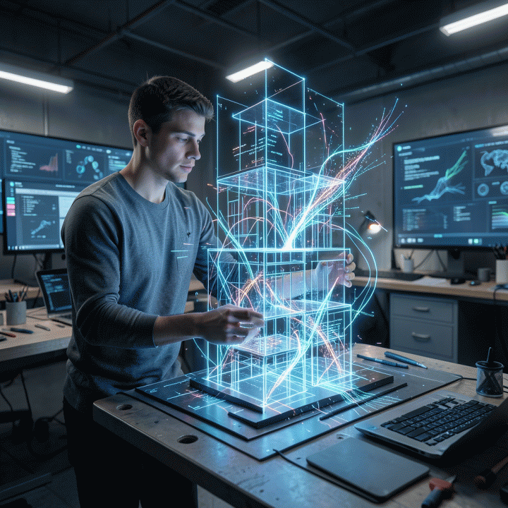 Solo founder building a digital business foundation with abstract data streams and glowing lines in a futuristic workspace.