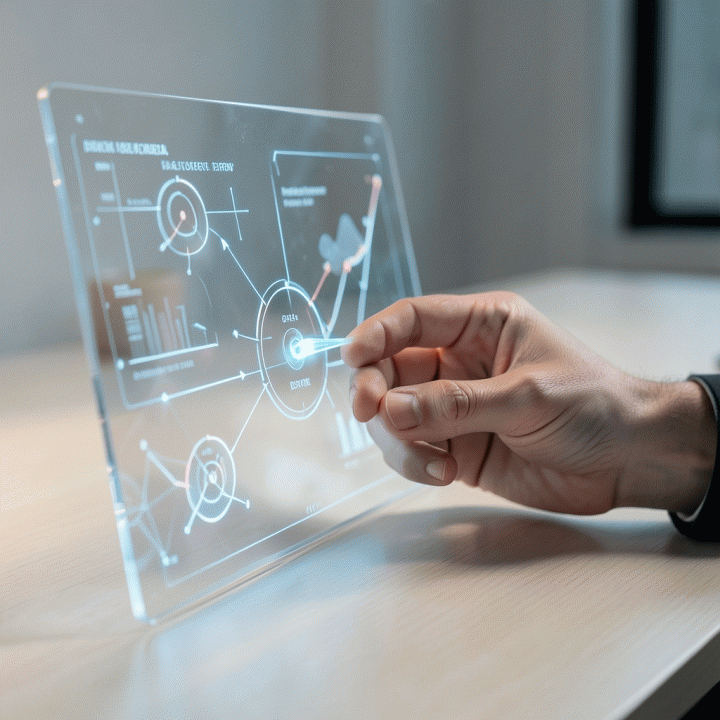 Hand interacting with a holographic interface showing business strategy maps and growth charts.