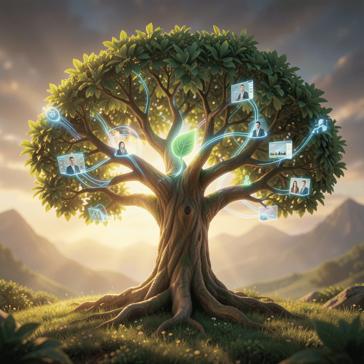 Digital tree metaphor showing a single seed transforming into a thriving team and business growth.