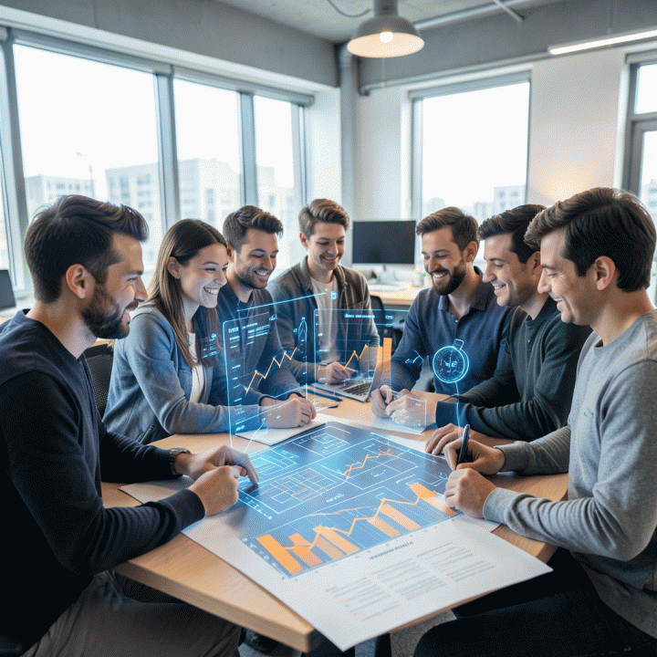 Diverse startup team collaborating on a holographic growth chart and blueprint, symbolizing an effective marketing team structure.