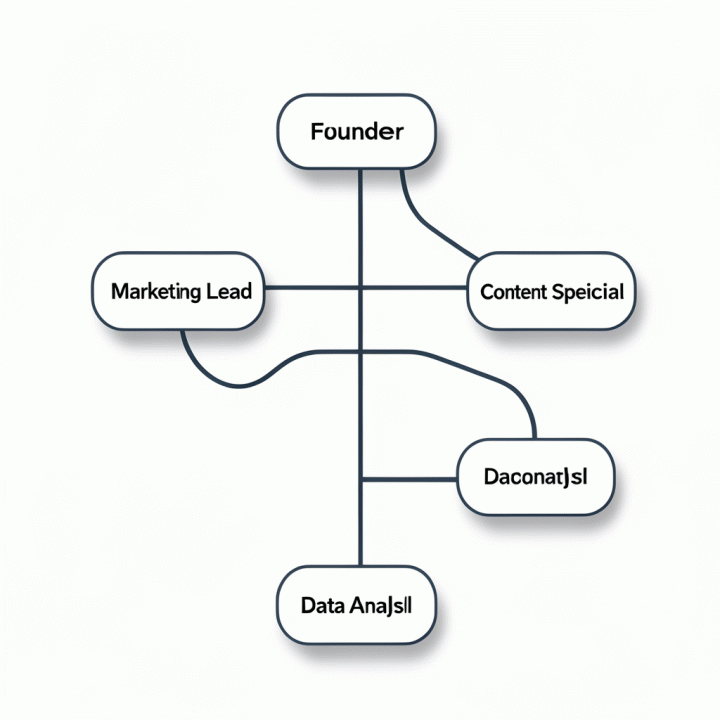 Minimalist organizational chart graphic showing interconnected roles in a startup marketing team.