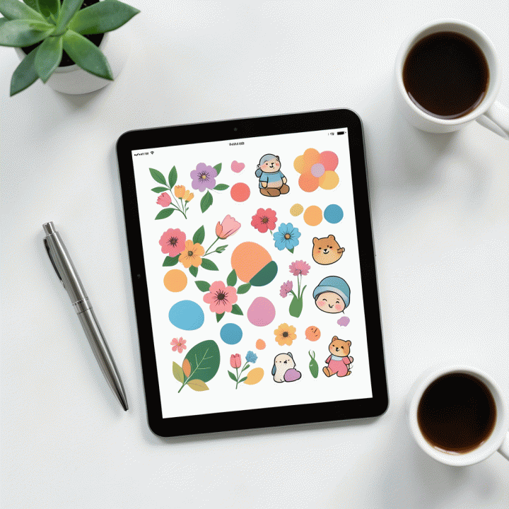 Tampilan datar (flat lay) estetis dari meja kerja minimalis dengan tablet digital yang menampilkan koleksi stiker digital premium, dikelilingi oleh alat-alat kreatif seperti pena dan tanaman kecil.