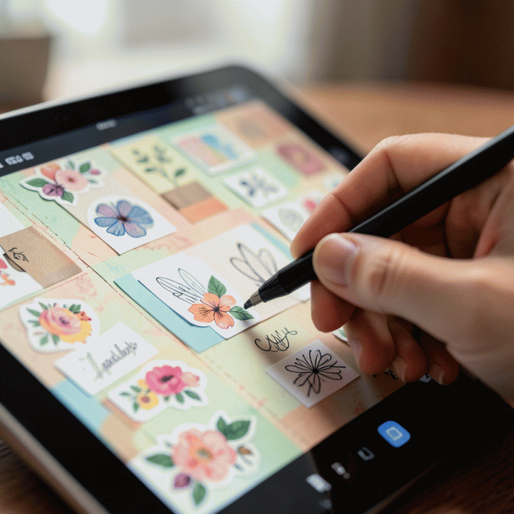 Tangan yang menggunakan stylus pada tablet digital, memperindah jurnal digital dengan stiker premium, menunjukkan proses kreatif yang mudah.