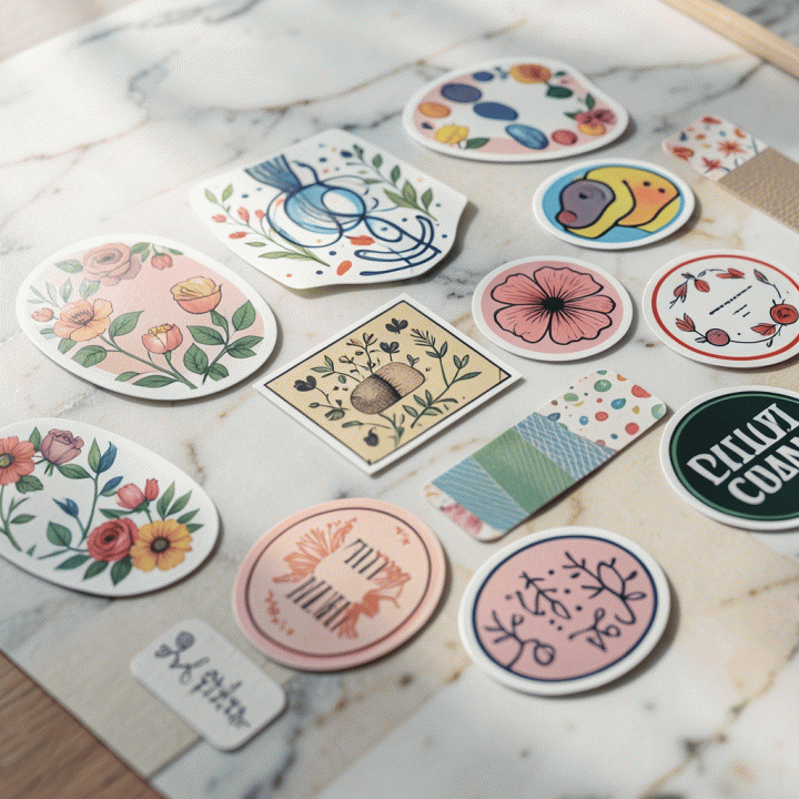 Komposisi flat lay yang estetis dari berbagai macam stiker vinyl premium dengan motif bunga, abstrak, dan dekoratif, diletakkan di atas permukaan marmer atau kayu bertekstur, siap digunakan untuk proyek seni atau jurnal digital.