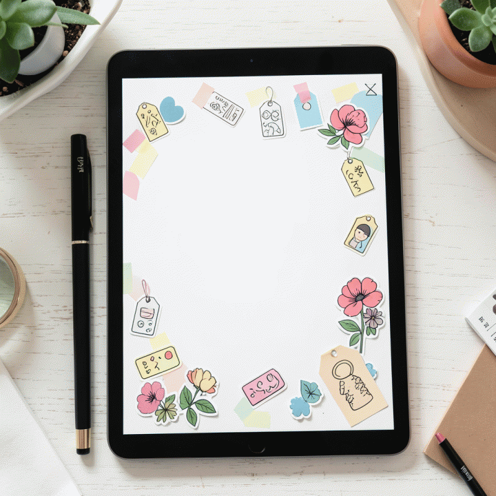 Tampilan overhead yang detail dan estetis dari jurnal digital di iPad Pro, menghias halaman dengan berbagai stiker virtual premium seperti motif bunga, washi tape, dan doodles, menonjolkan penggunaan dalam journaling atau perencanaan harian.