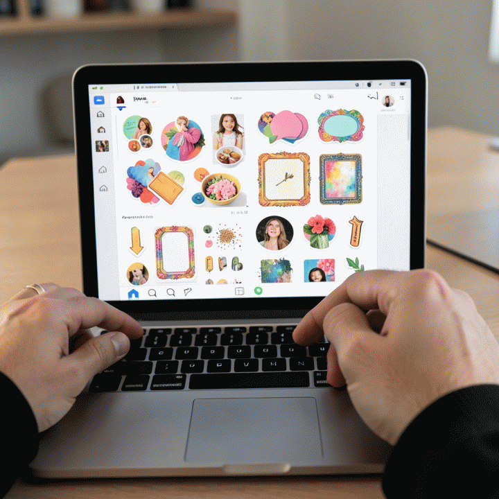 Fotografi produk sinematik yang menampilkan layar laptop dengan antarmuka desain digital intuitif, memperlihatkan banyak aset stiker premium siap digunakan untuk merancang konten media sosial.
