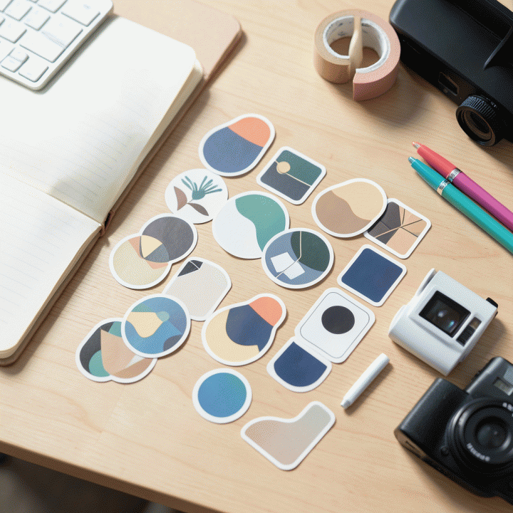 Flat lay foto alat kerja seorang content creator yang menampilkan set stiker digital dan perlengkapan seni dekorasi lainnya di atas meja kayu estetik.