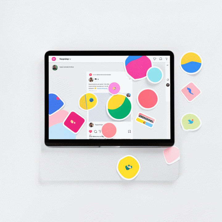 Tampilan dari atas (flat lay) layar laptop yang menunjukkan proses penataan stiker digital pada mockup postingan media sosial, berfokus pada elemen desain dan komposisi warna.