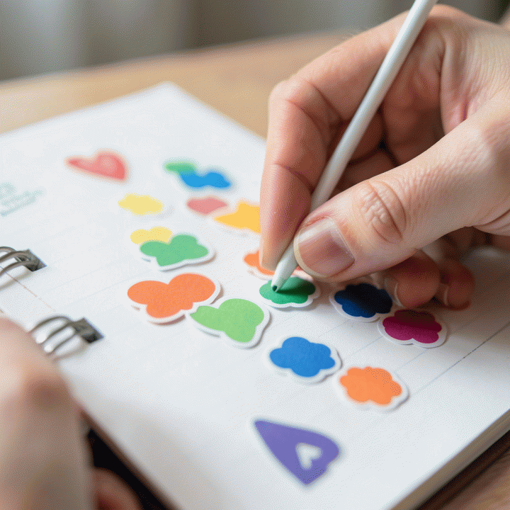 Pengambilan gambar jarak dekat tangan yang menempelkan stiker dekorasi di jurnal atau planner, menunjukkan proses kreatif dan detail stiker.