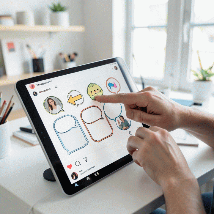 Tangan pengguna yang sedang menambahkan dan mengatur stiker digital di layar sentuh, menunjukkan proses desain yang mudah dan profesional.
