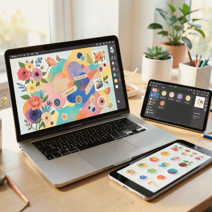 Tampilan digital workspace yang estetis, menunjukkan aset stiker digital premium yang digunakan untuk menghias jurnal digital dan konten kreatif di layar laptop dan tablet.