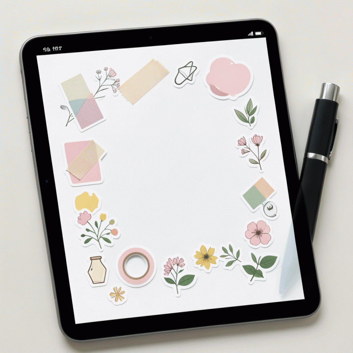 Jurnal digital yang dihiasi dengan berbagai stiker premium, menampilkan ide dekorasi yang beragam untuk konten kreatif.