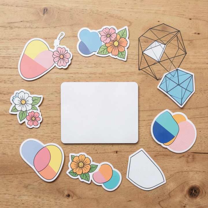 Flat lay of digital sticker elements on a wooden desk for content creation and design.