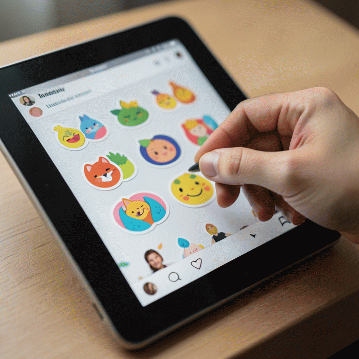 Hand placing digital stickers onto a design on a tablet for social media content.