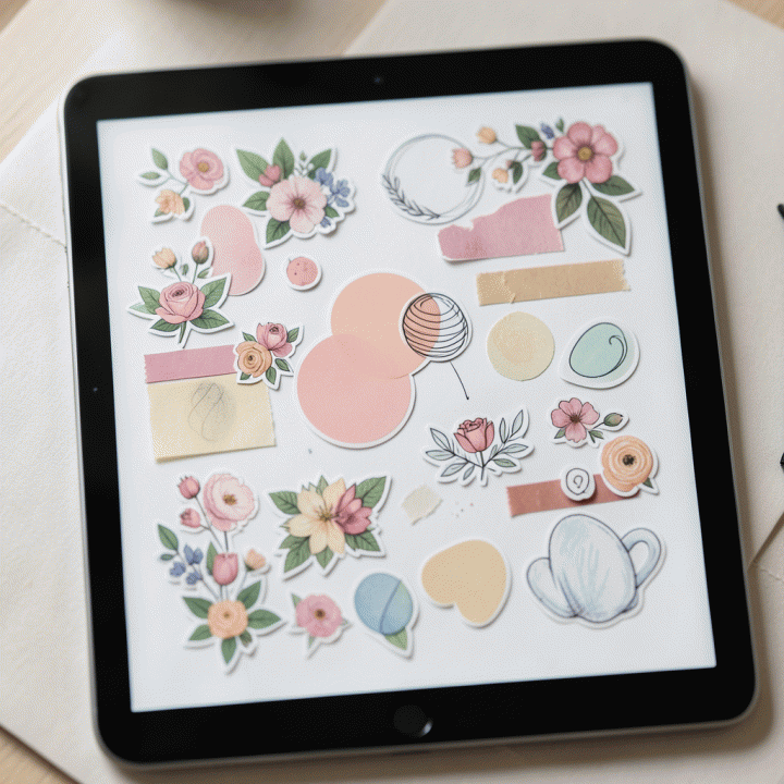 Tampilan close-up di iPad yang menampilkan layout jurnal digital estetik dengan berbagai macam stiker dekorasi digital premium (digital stickers), menunjukkan penggunaan untuk konten media sosial atau buku harian.