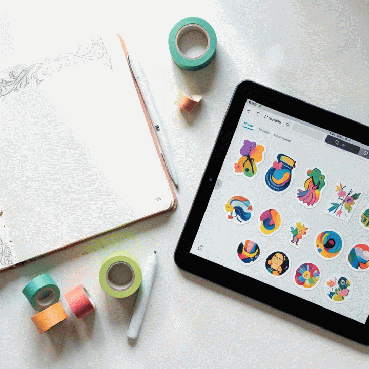 Flat lay artistik yang menampilkan alat-alat kreatif seperti buku sketsa, washi tape fisik, dan tablet digital dengan aset stiker di dalamnya, menunjukkan proses konten dekorasi.
