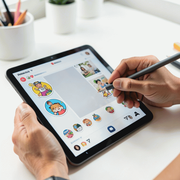 Tangan yang sedang menggunakan stylus pada iPad untuk menempelkan stiker dekoratif ke desain media sosial, menunjukkan proses kreatif pembuatan konten estetik.