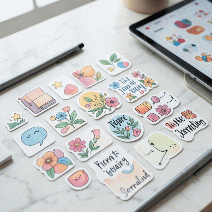 Flat lay foto profesional kumpulan aset stiker digital berwarna-warni dan estetik yang diletakkan di meja kerja minimalis modern.