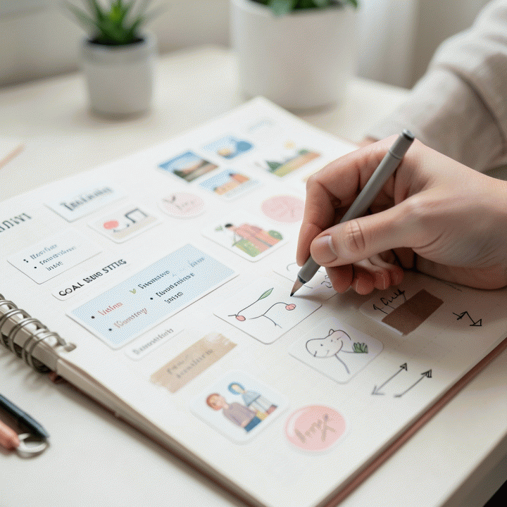 Gambar close-up tangan yang sedang menghias jurnal atau planner dengan menempelkan stiker digital bertema perencanaan dan kreatifitas.