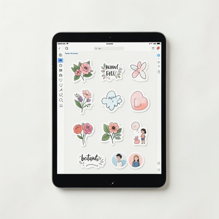 Tampilan overhead sebuah tablet yang menunjukkan aset stiker digital dan elemen desain yang dapat dikustomisasi untuk membuat konten media sosial estetik.