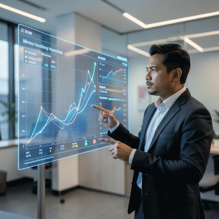 Seorang profesional pemasaran digital di kantor modern sedang menganalisis data visualisasi holografik yang kompleks, menunjukkan pola pemenang iklan dan strategi berbasis data.