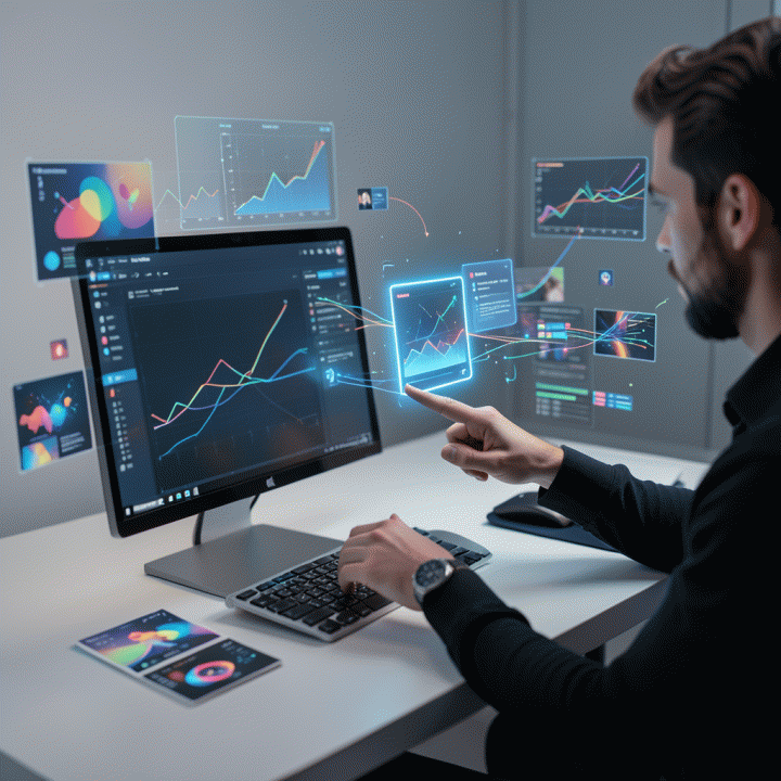 Seorang content creator sedang menganalisis dan mengoptimalkan desain thumbnail YouTube yang terlihat di layar monitor, dikelilingi oleh visualisasi data dan grafik analisis.