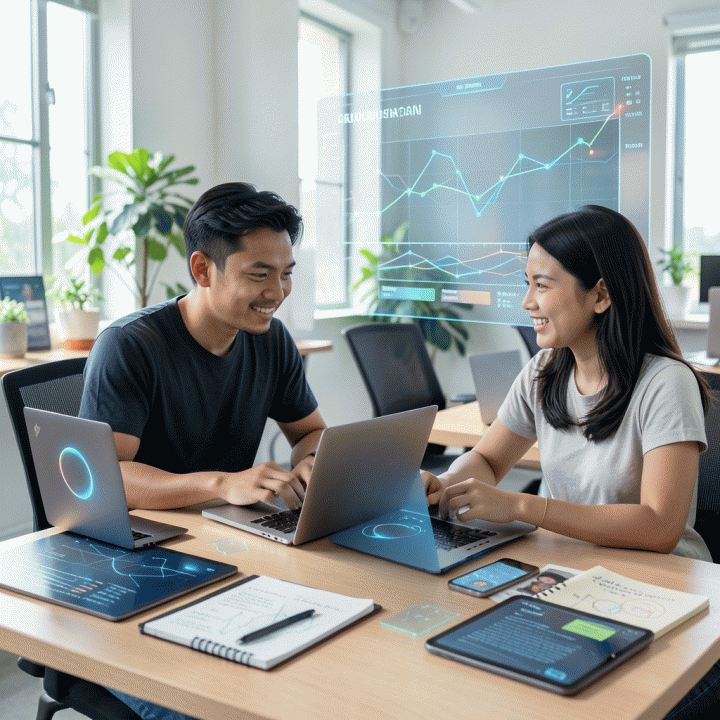 Duo profesional Indonesia yang berkolaborasi di ruang kerja modern, menganalisis data karier dan tren masa depan menggunakan elemen digital dan hologram futuristik.